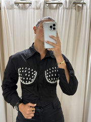 BLACK RHINESTONE DETAILED BLOUSE