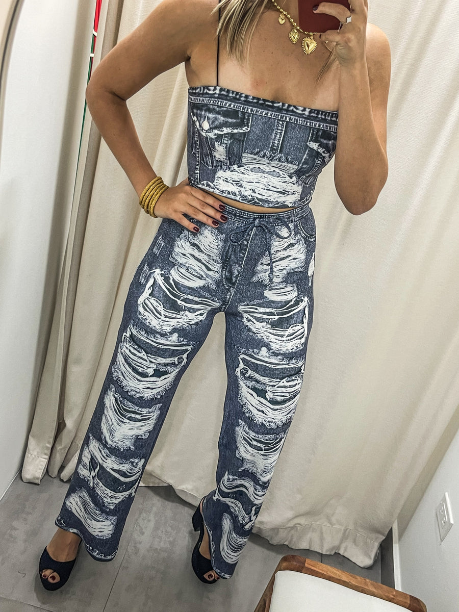 DARK BLUE DENIM ILLUSION CROP TOP & PANT SET