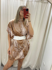 TAN PRINT CAFTAN SATIN SHIRT DRESS