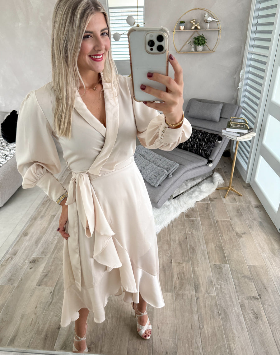 CREAM SATIN WRAP AROUND DRESS