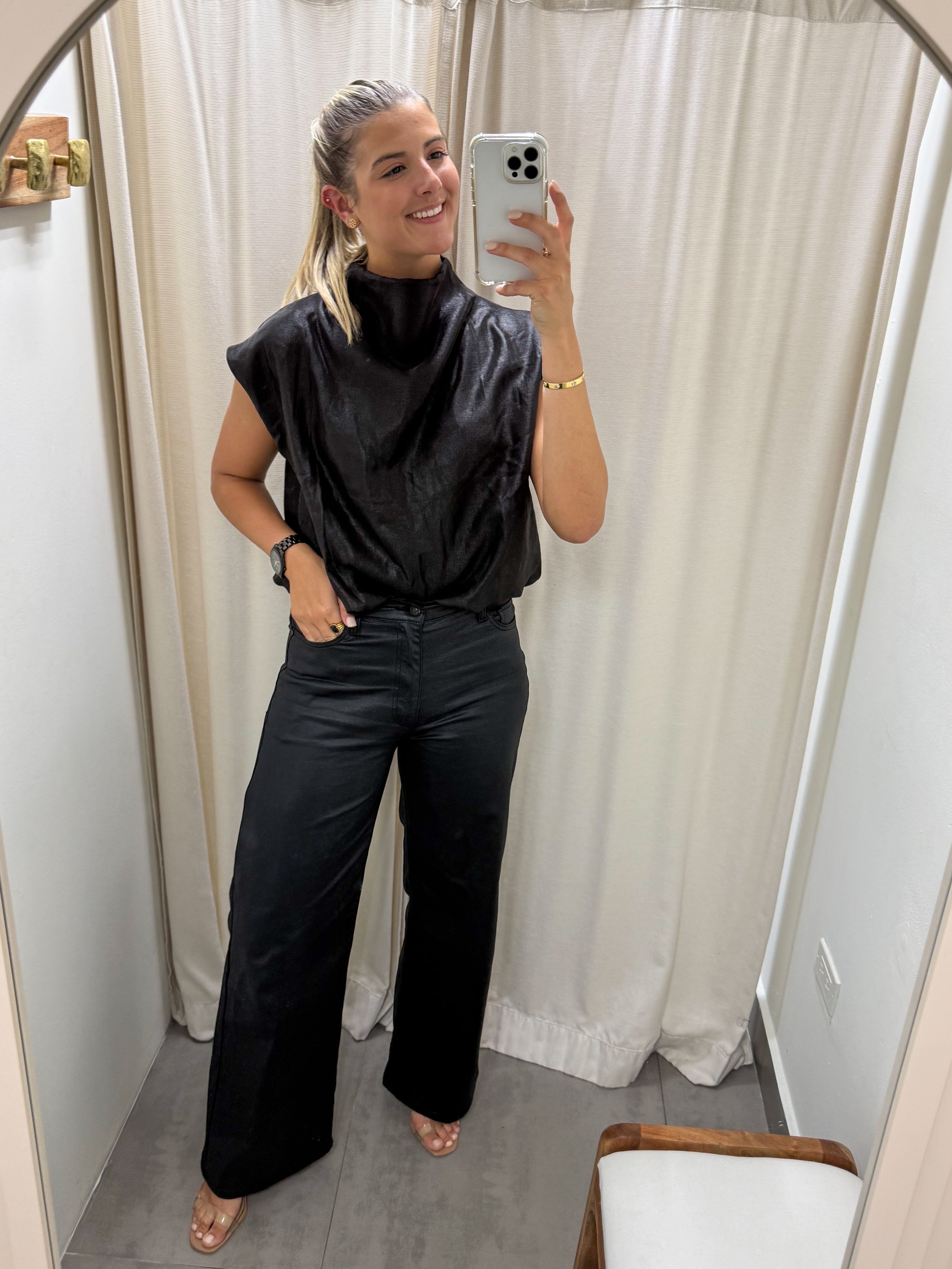 BLACK SATIN MOCK NECK BLOUSE