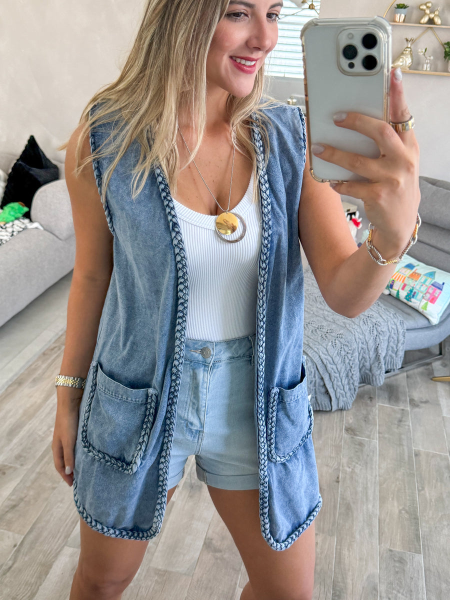 DENIM BRAIDED BORDER LONG OPEN VEST