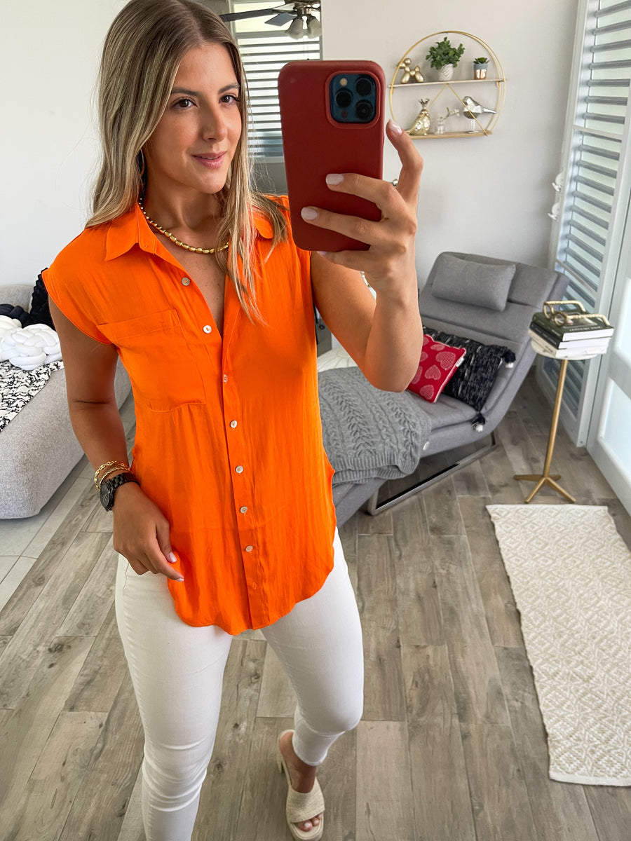 ORANGE SILKY SLEEVELESS BLOUSE