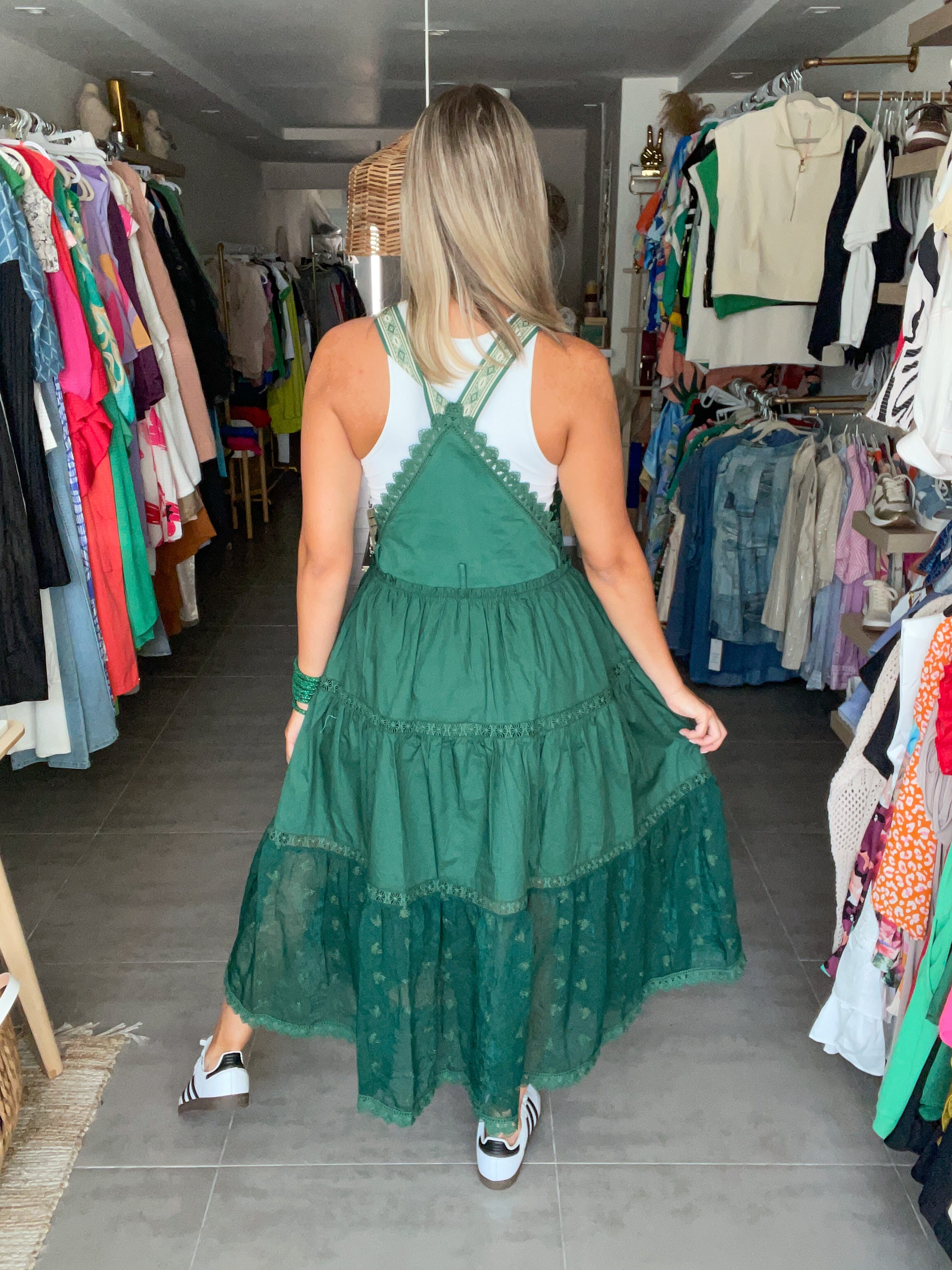HUNTER GREEN LACE OVERALL DRESS