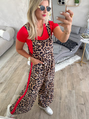 LEOPARD RED SIDE TRACK OVERALL JUMPSUIT