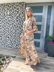 BROWN/BEIGE PRINT KIMONO SLEEVES MAXI DRESS