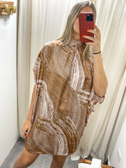 TAN PRINT CAFTAN SATIN SHIRT DRESS