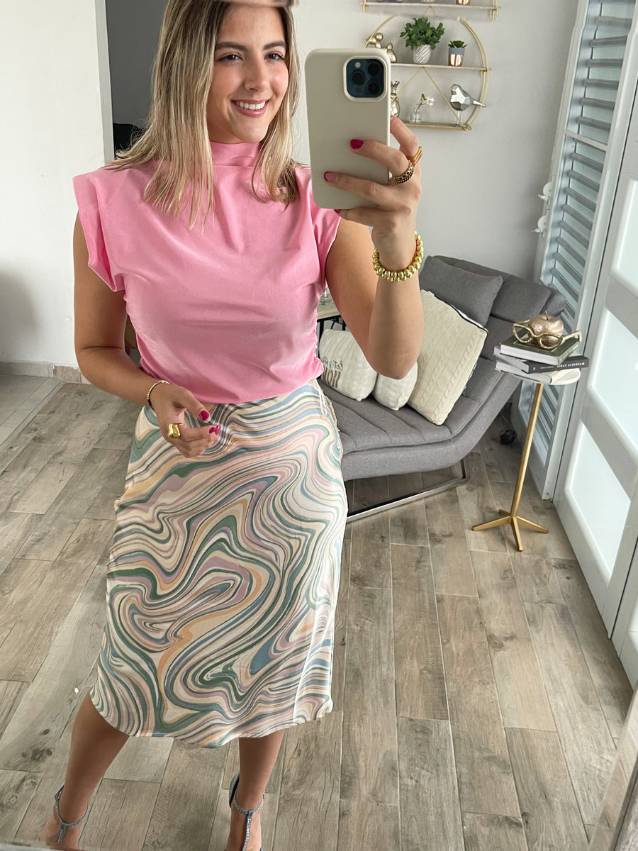 MARBLE SATIN MIDI SKIRT