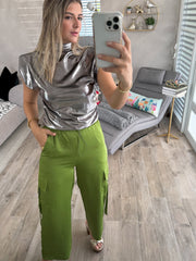 GREEN SATIN CARGO PANTS