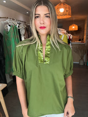 GREEN SEQUIN DETAILED BLOUSE