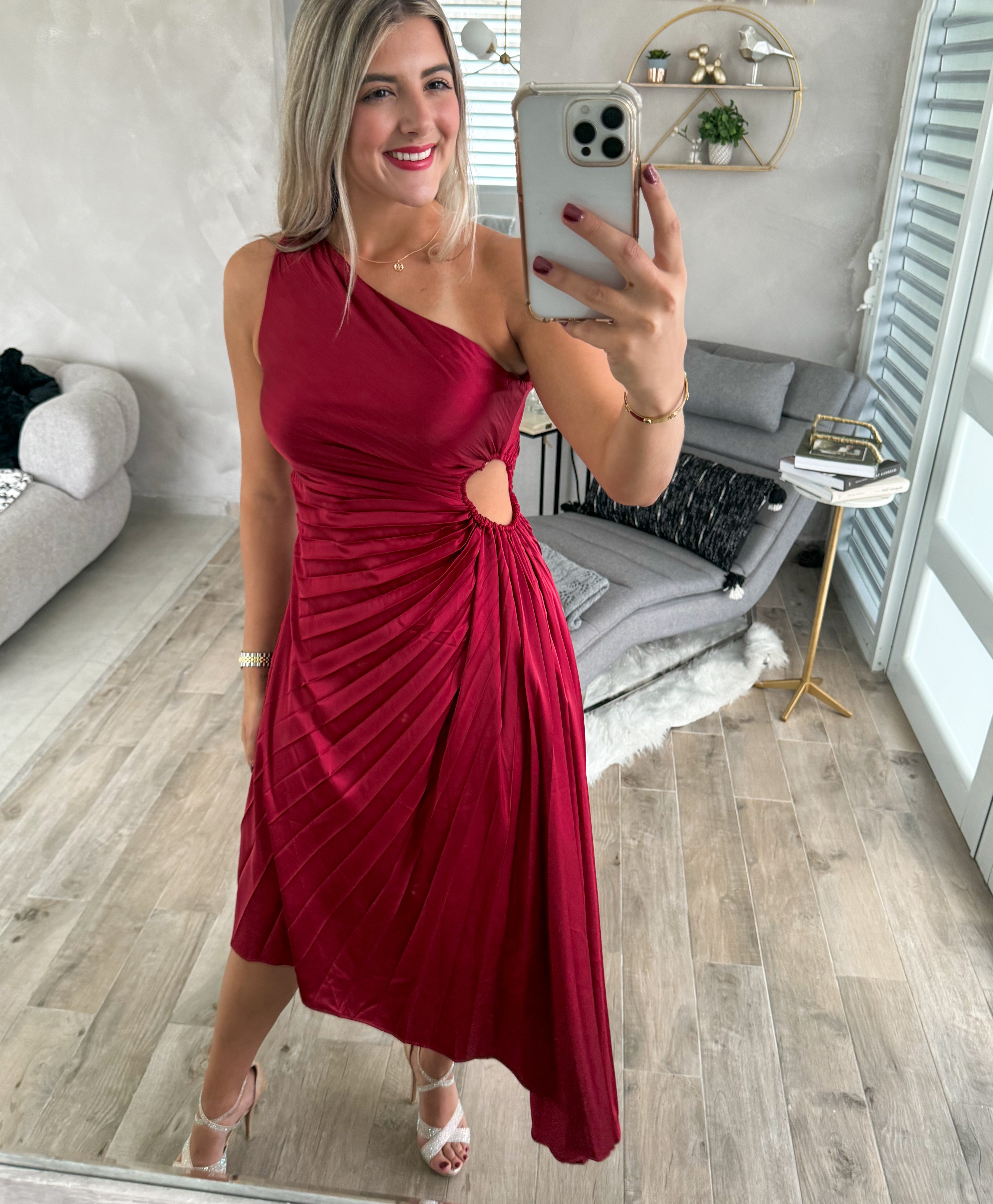 WINE ONE SHOULDER PLEATED DRESS