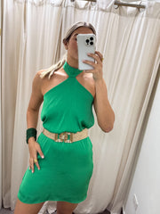 GREEN SILKY HALTER SHORT DRESS