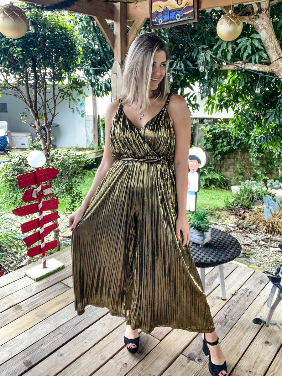 BRONZE METALLIC PLEATED JUMPSUIT