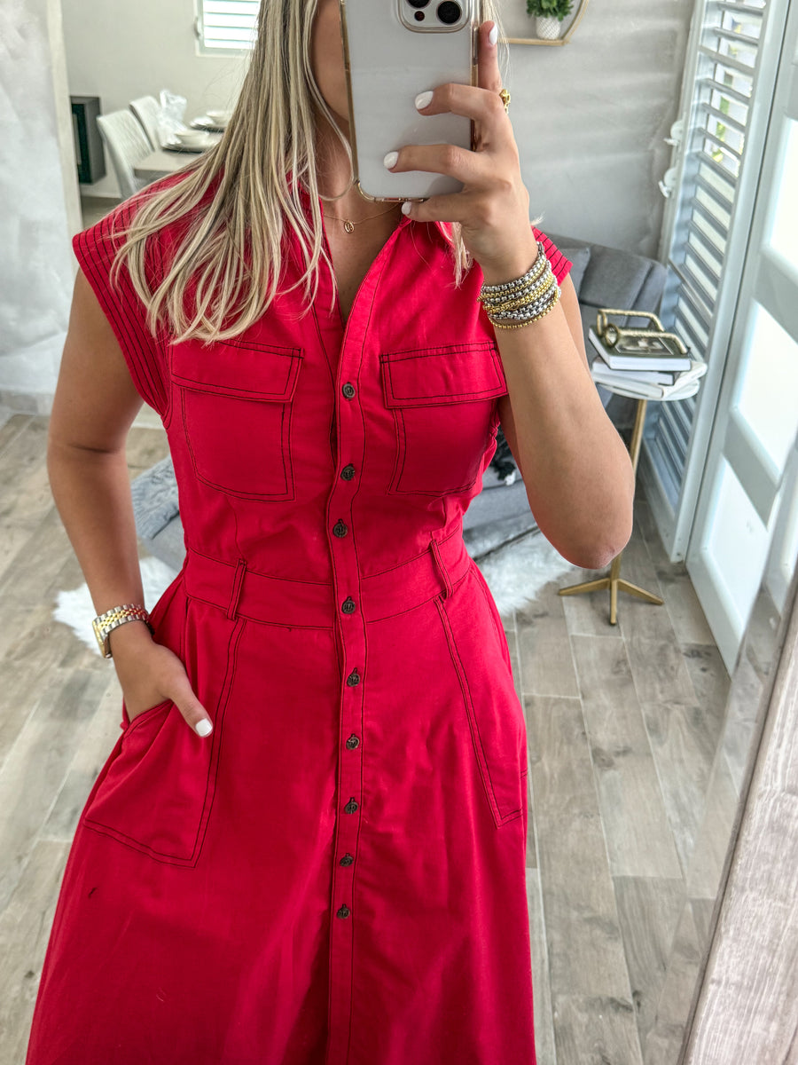 RED STITCH MIDI DRESS