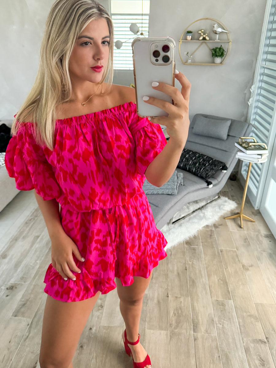 HOT PINK/RED LEOPARD OFF SHOULDER ROMPER