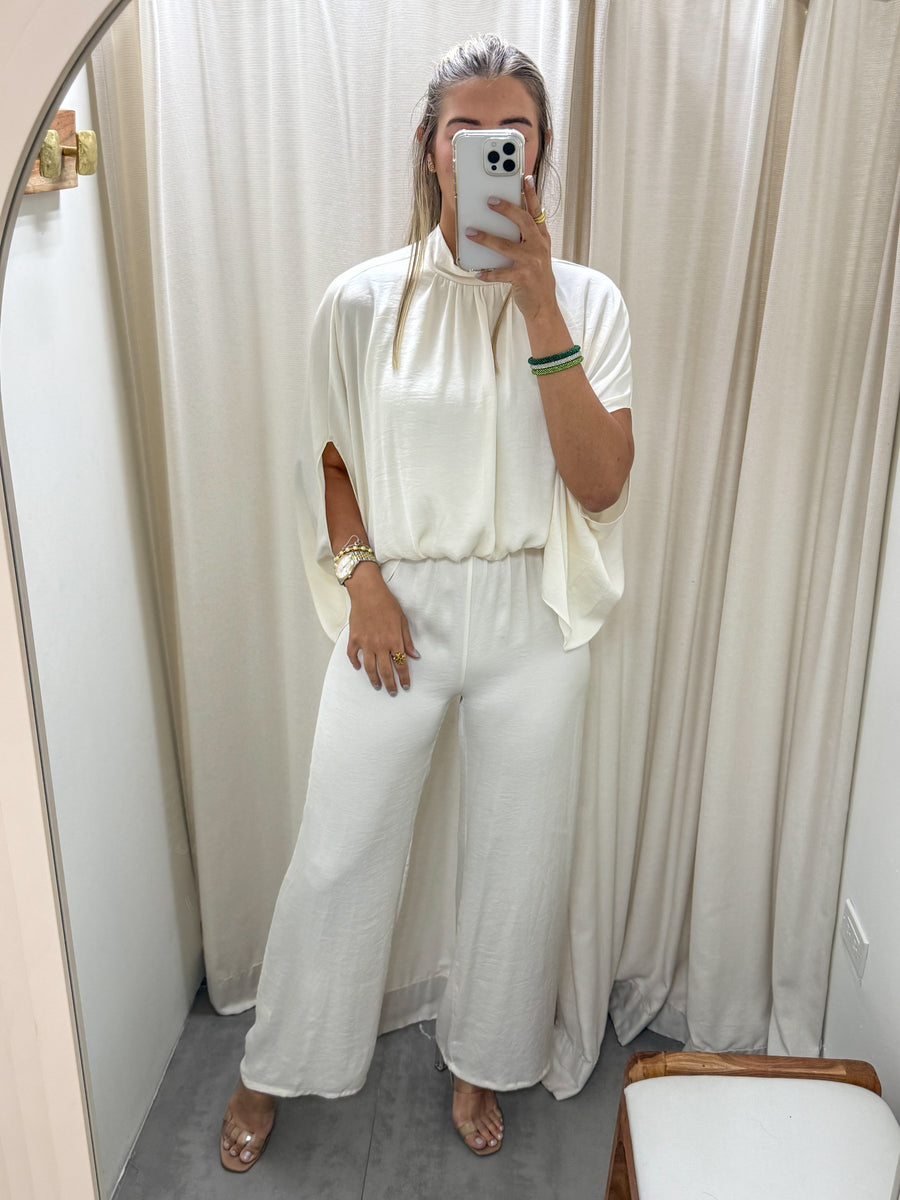 BONE WHITE SATIN CAFTAN JUMPSUIT