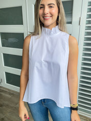 WHITE RUFFLE NECK HIGH LOW BLOUSE