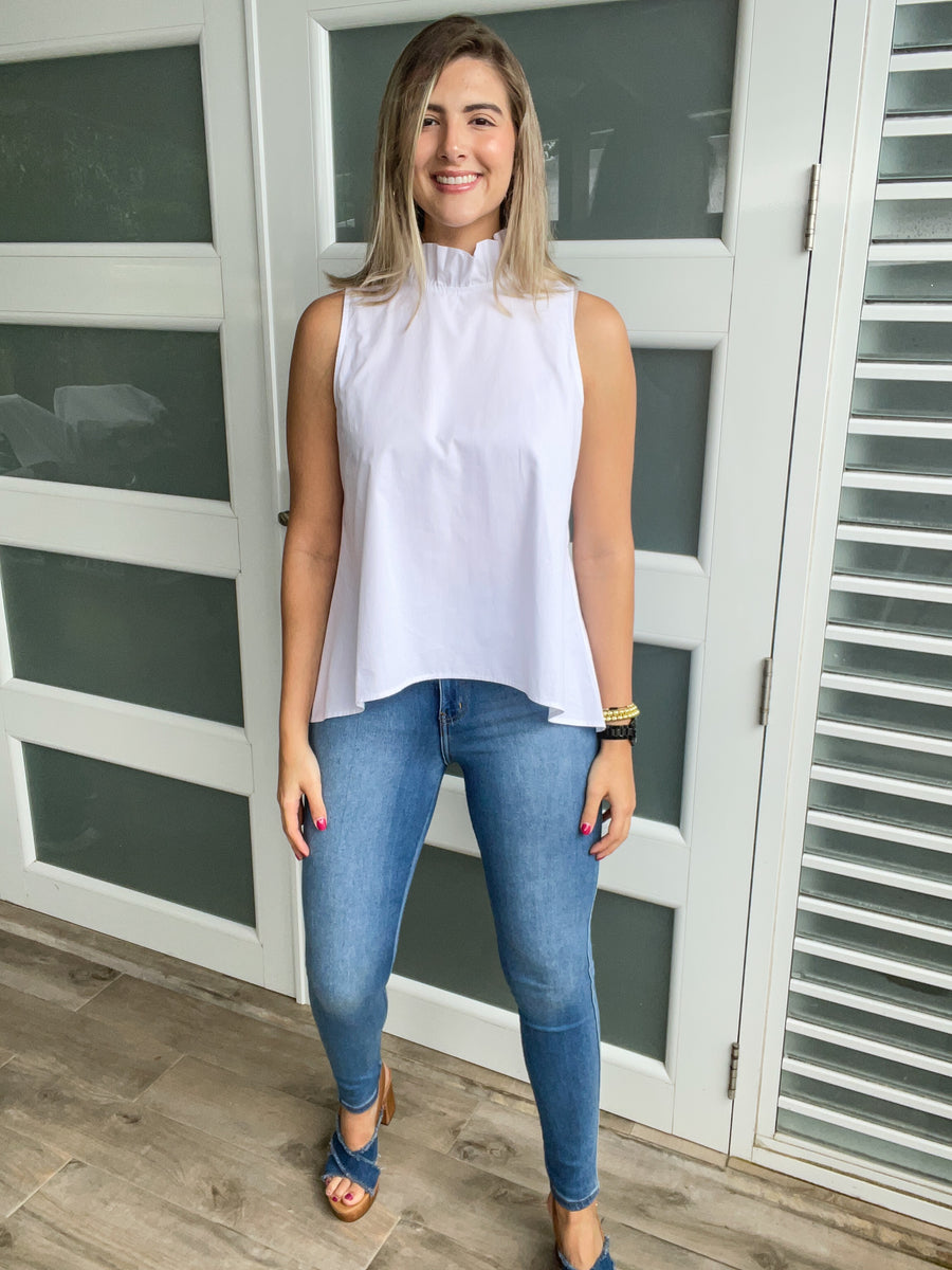 WHITE RUFFLE NECK HIGH LOW BLOUSE