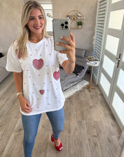 WHITE HEART RHINESTONES OVERSIZED TSHIRT