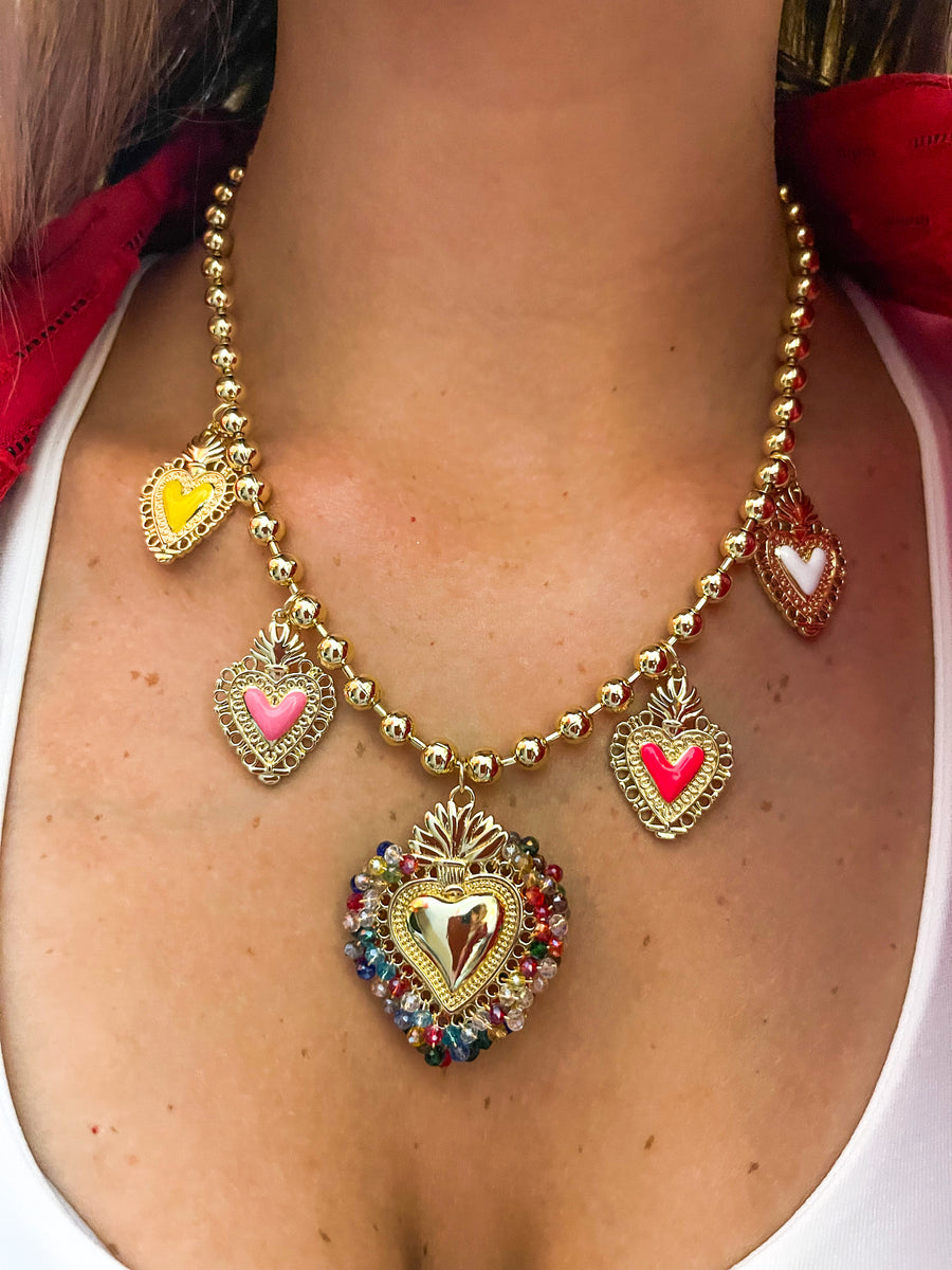 GOLD MULTICOLOR HEART CHARMS NECKLACE