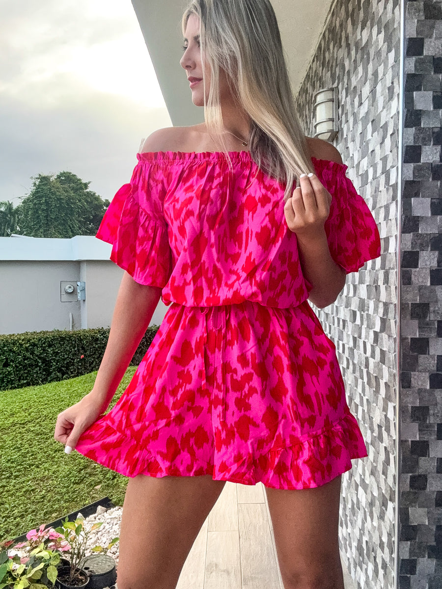 HOT PINK/RED LEOPARD OFF SHOULDER ROMPER