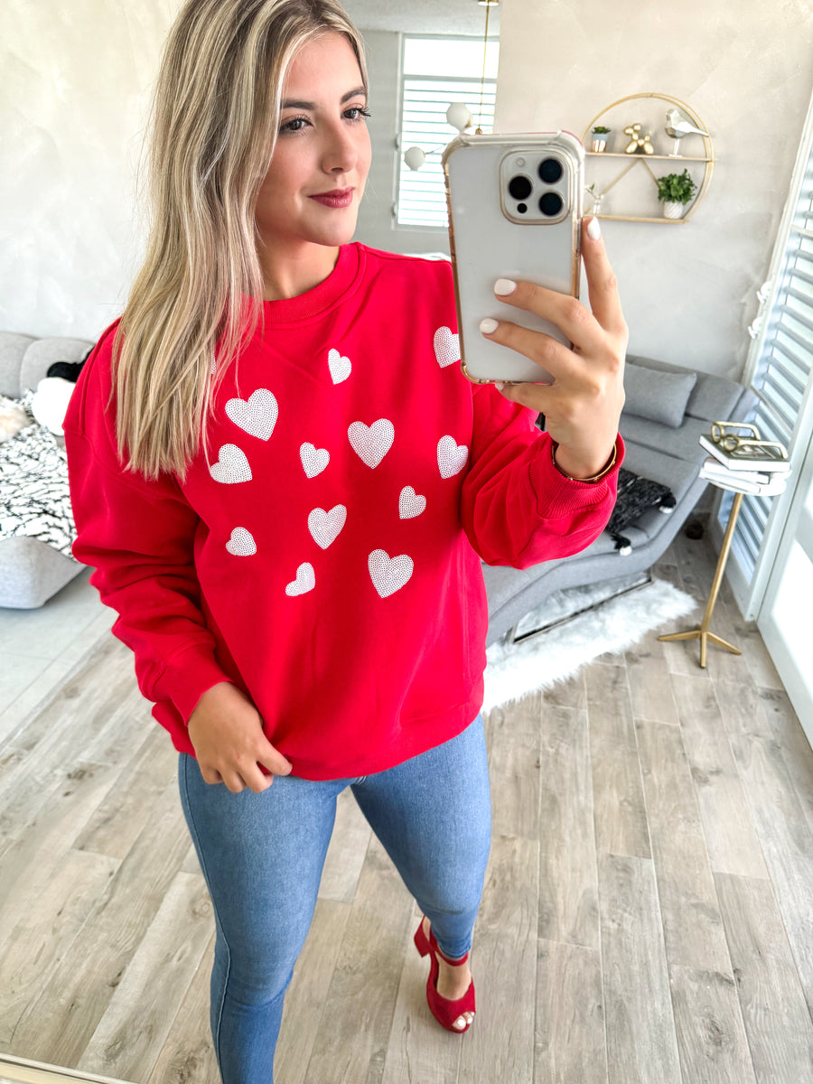 RED WHITE SEQUIN HEART SWEATER