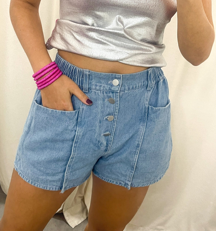 DENIM ELASTIC FRONT BUTTONED SHORTS