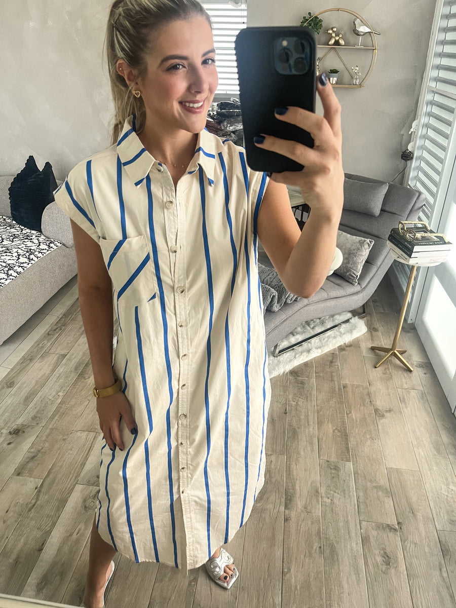 BLUE STRIPED SLEEVELESS DRESS