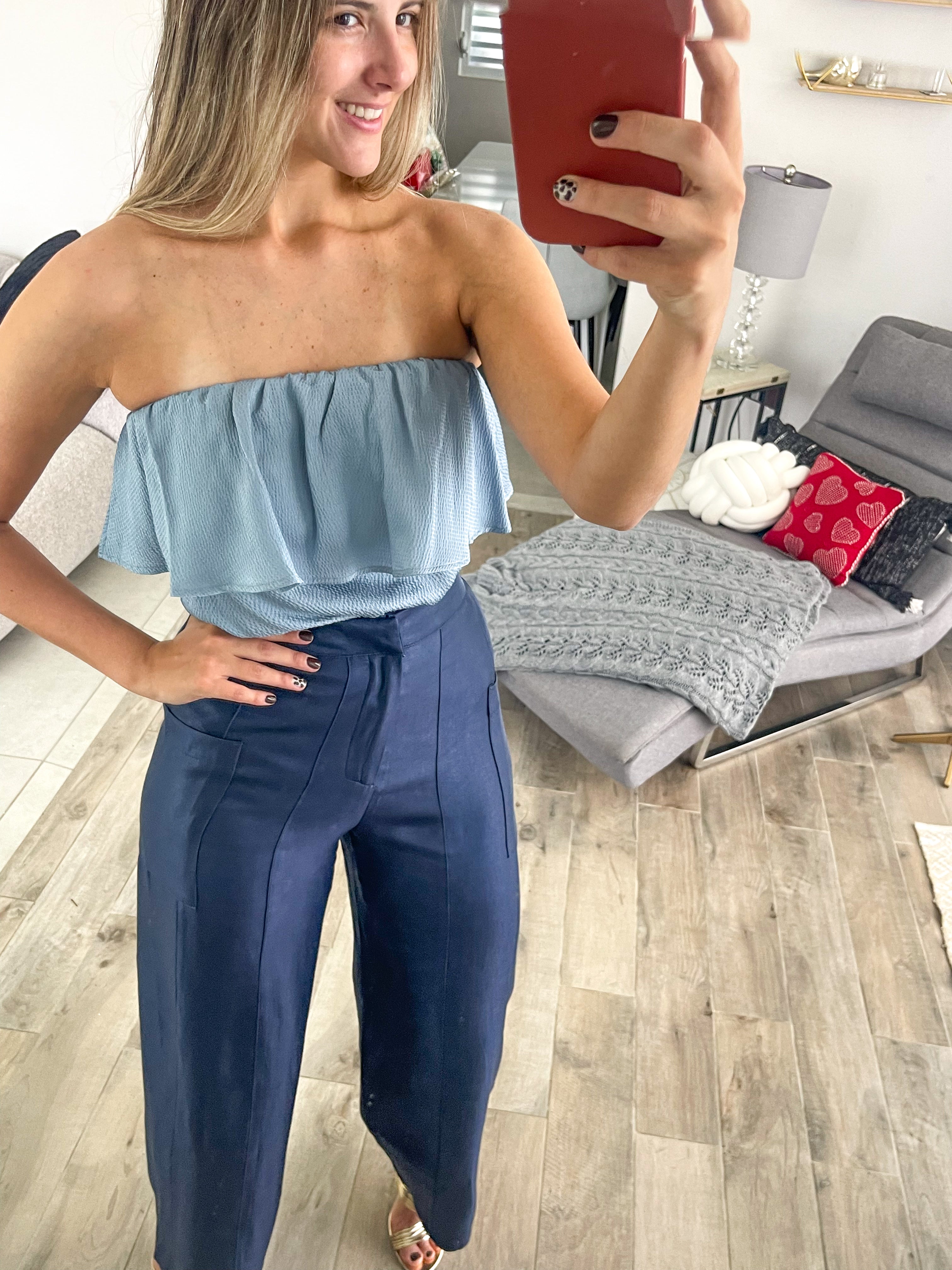 LIGHT BLUE STRAPLESS SATIN BLOUSE