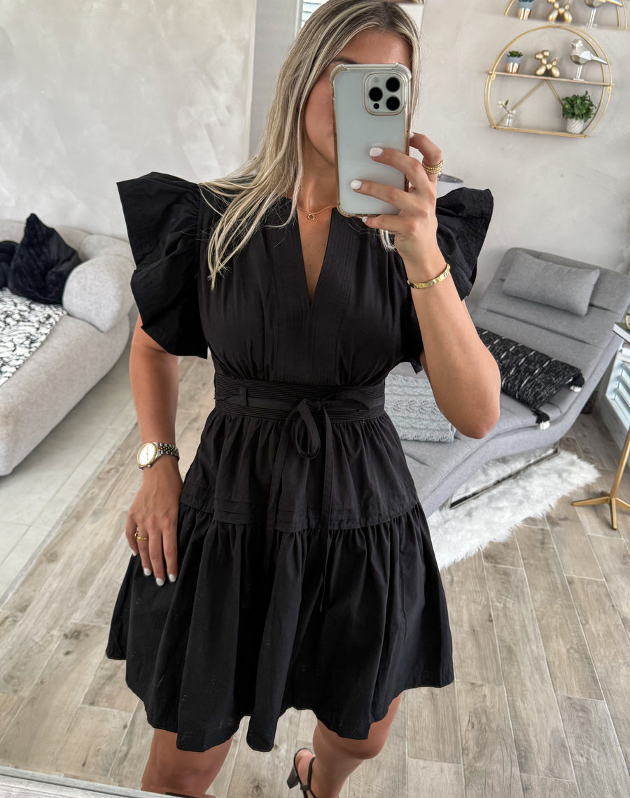 BLACK FLUTTER SLEEVES POPLIN SHORT DRESS