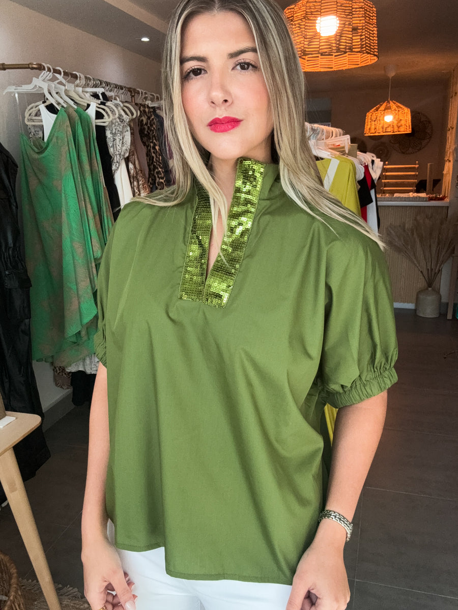 GREEN SEQUIN DETAILED BLOUSE