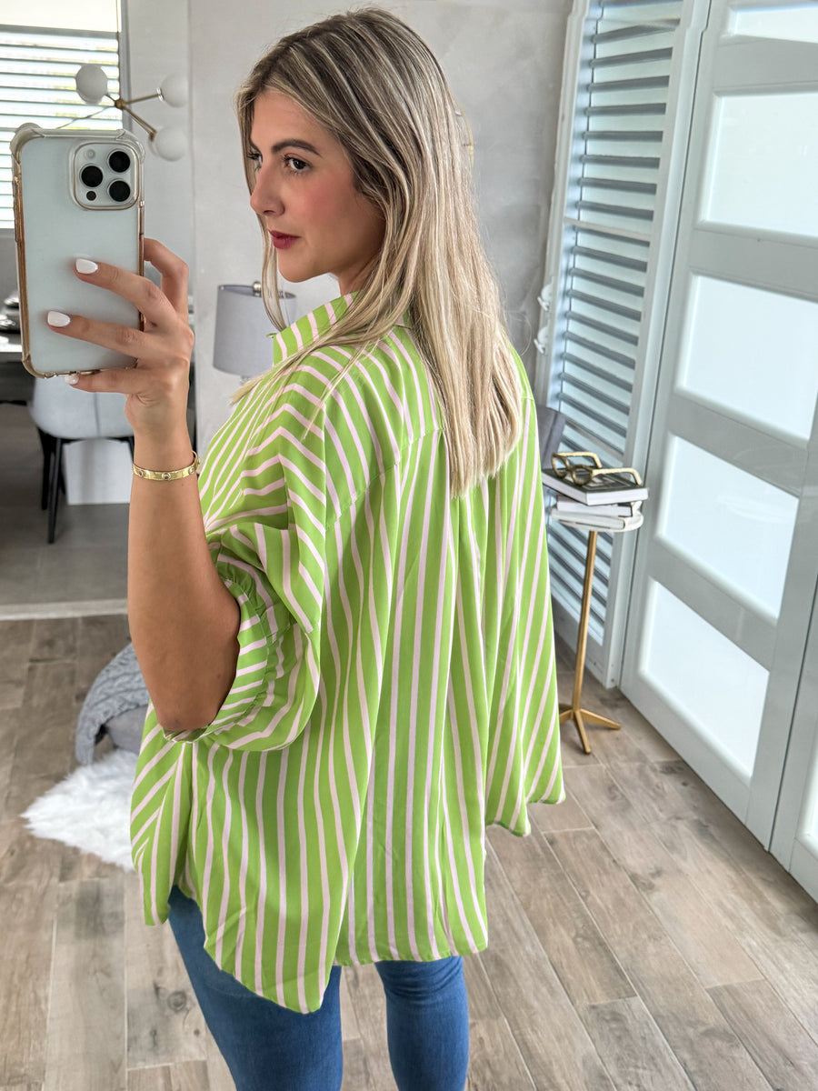 GREEN/PINK STRIPED TUNIC BLOUSE