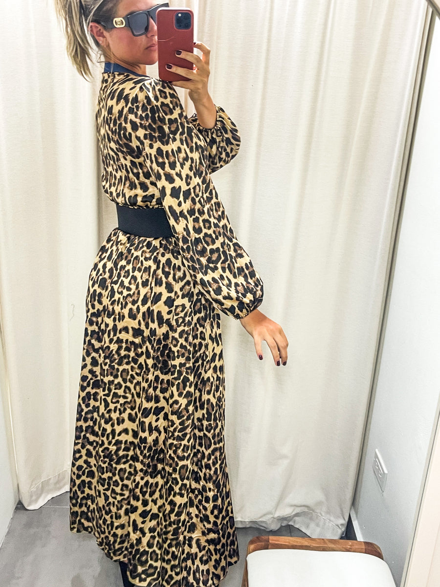 LEOPARD DENIM BORDER MAXI DRESS