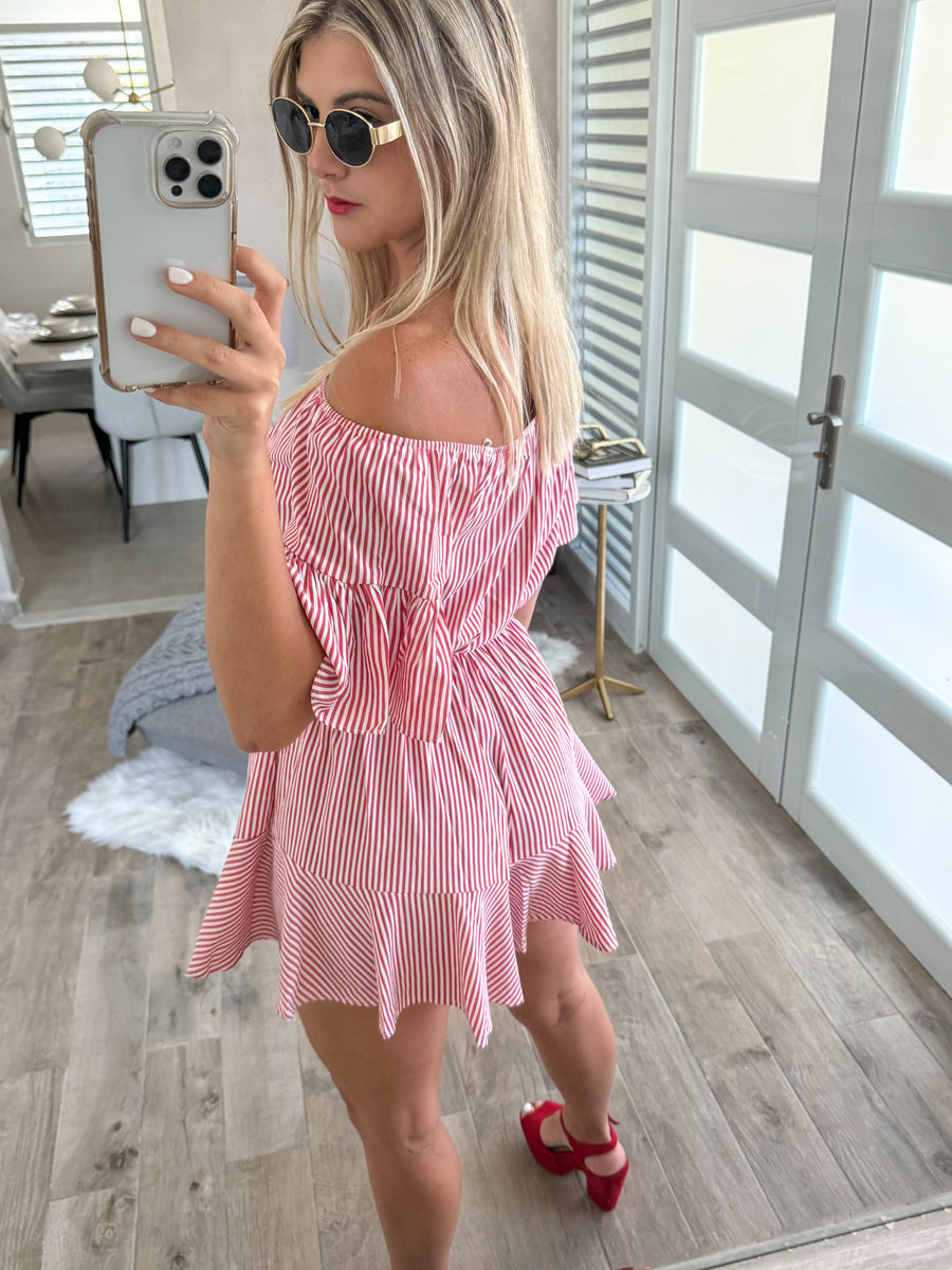 RED STRIPED OFF SHOULDER ROMPER