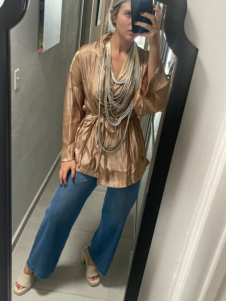 TAUPE SATIN WRAP AROUND BLOUSE