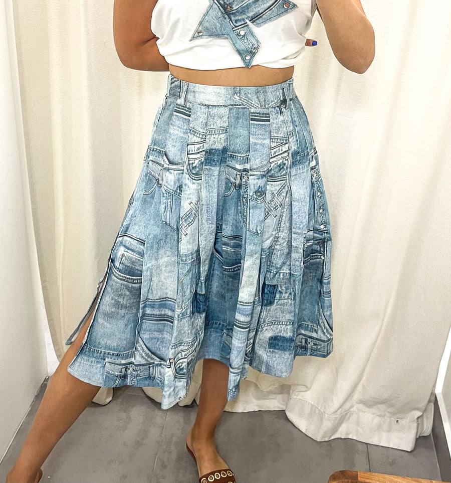 DENIM PRINT MIDI SKIRT