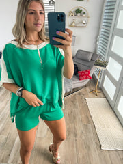 GREEN SILKY STRIPED SHORTS