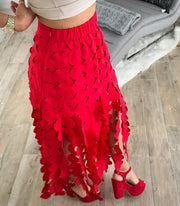 RED FRINGE MIDI SKIRT