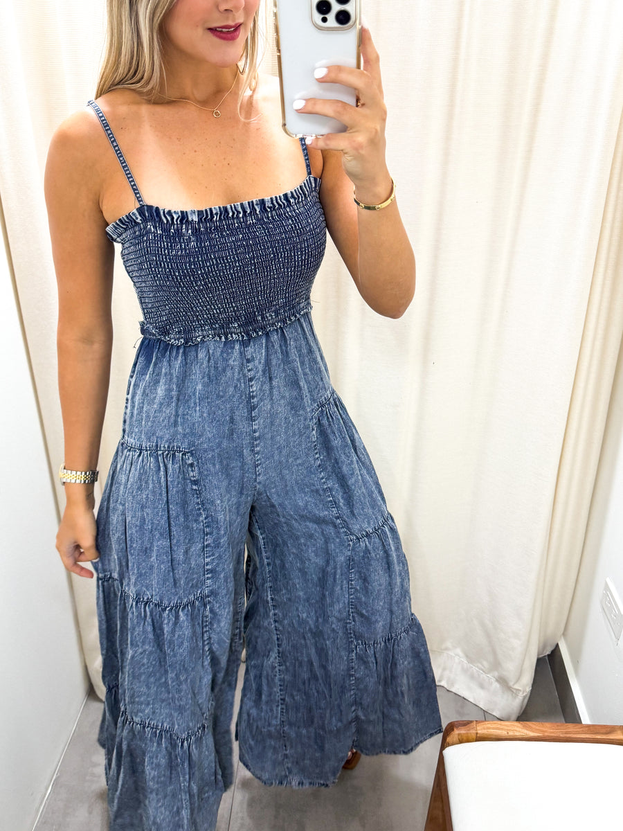 DENIM TENCEL FLARE JUMPSUIT