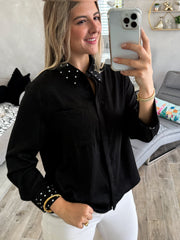 BLACK SATIN RHINESTONES BUTTONED BLOUSE