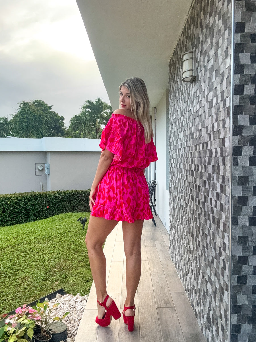 HOT PINK/RED LEOPARD OFF SHOULDER ROMPER