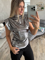 DARK GRAY METALLIC SHOULDER PADDED BLOUSE