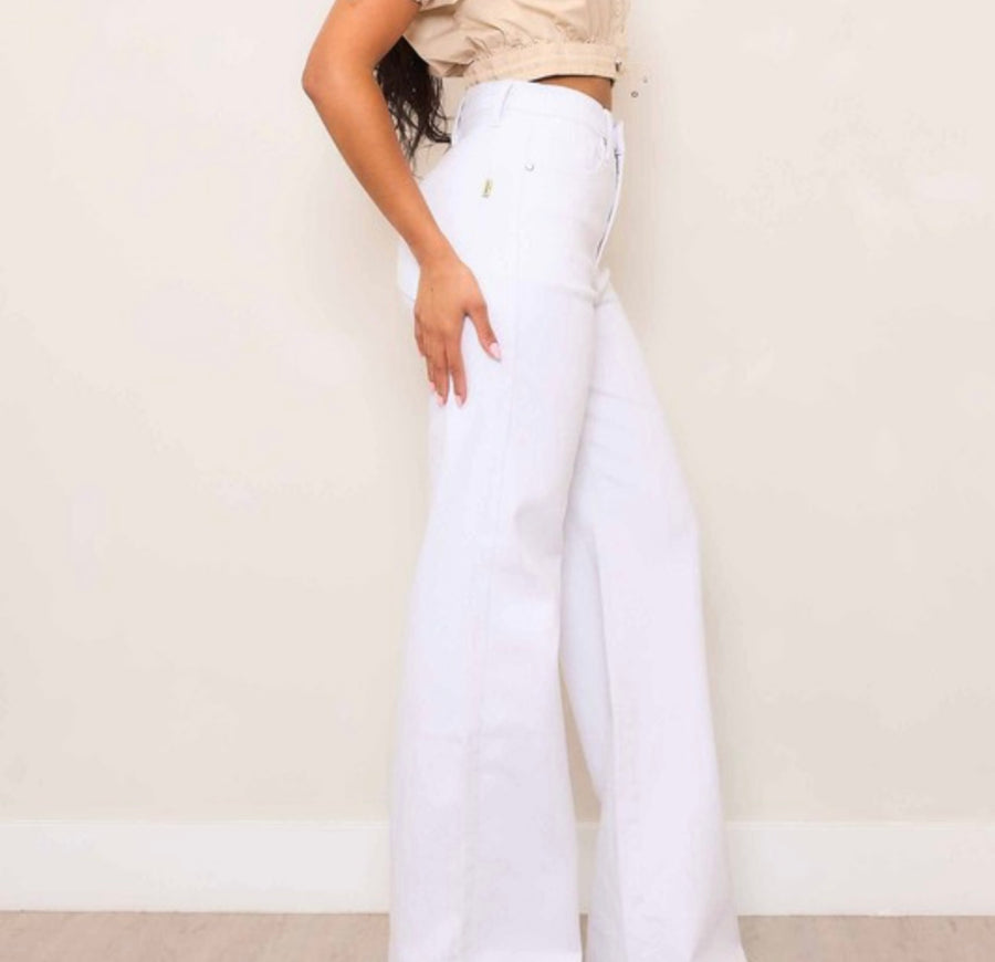 WHITE HIGH-RISE WIDE LEG PANTS