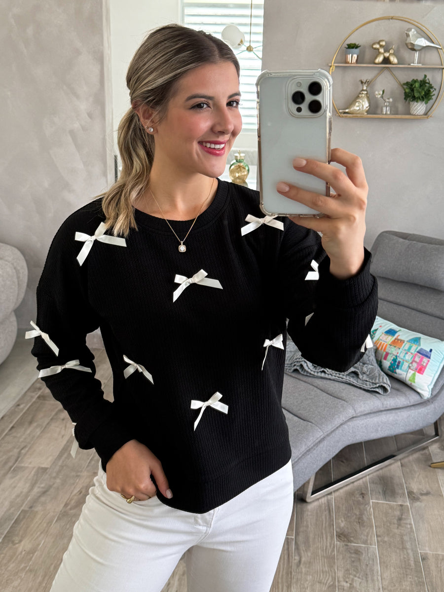 BLACK RIBBON LONG SLEEVE BLOUSE