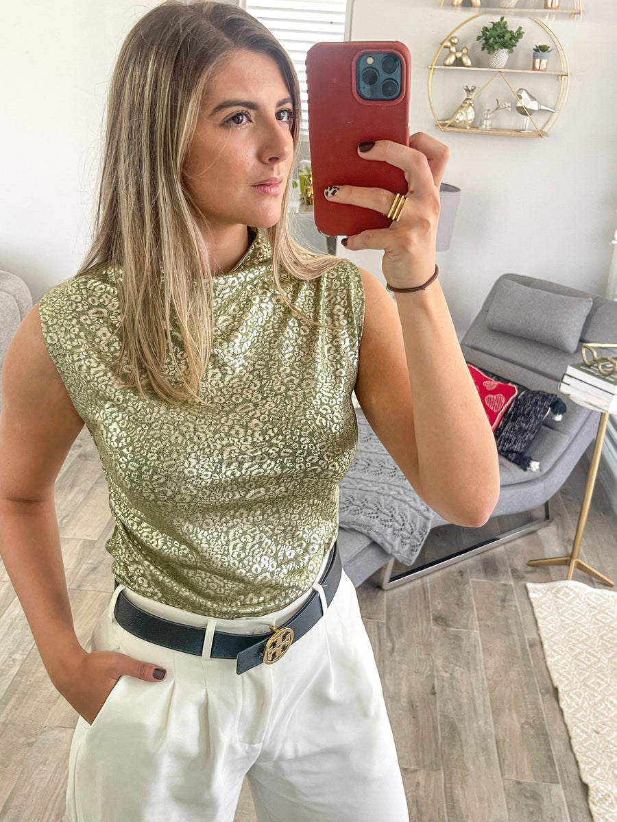 OLIVE/GOLD METALLIC LEOPARD MOCK NECK TOP