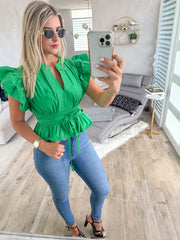 KELLY GREEN RUFFLE SLEEVES BLOUSE