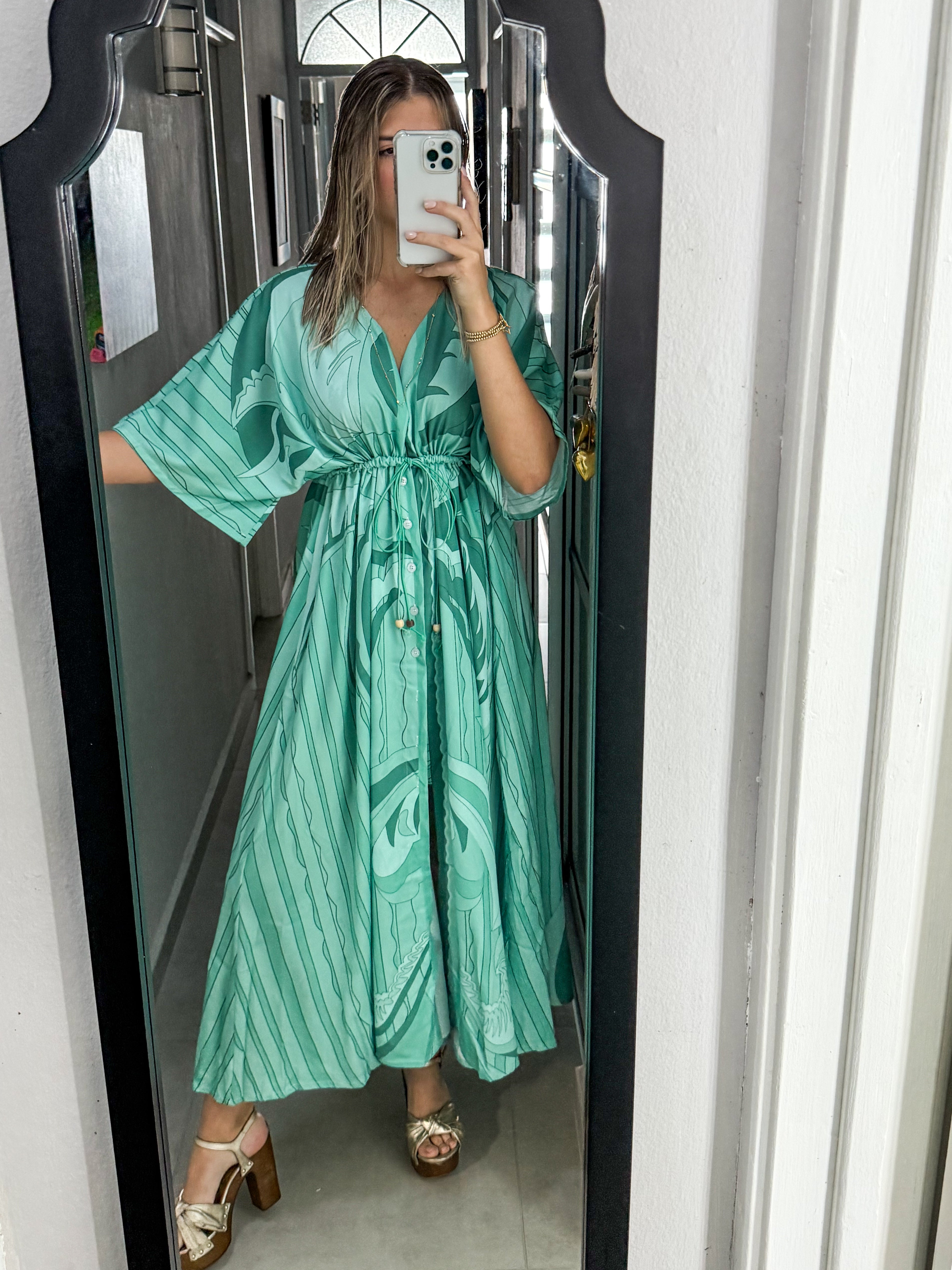 GREEN PRINTED KIMONO DRESS