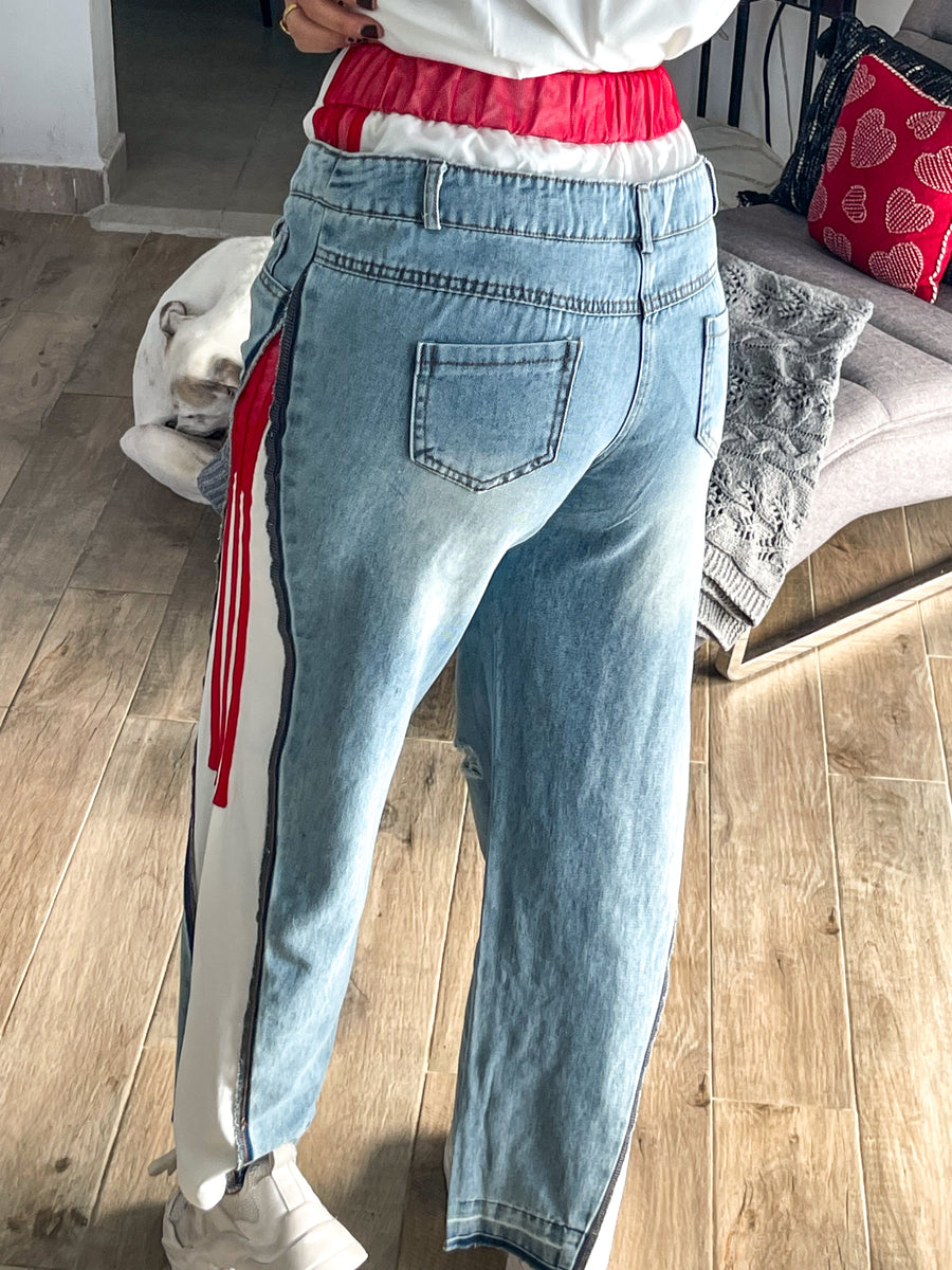 DENIM RED DOUBLE WAIST CONTRAST LONG PANTS