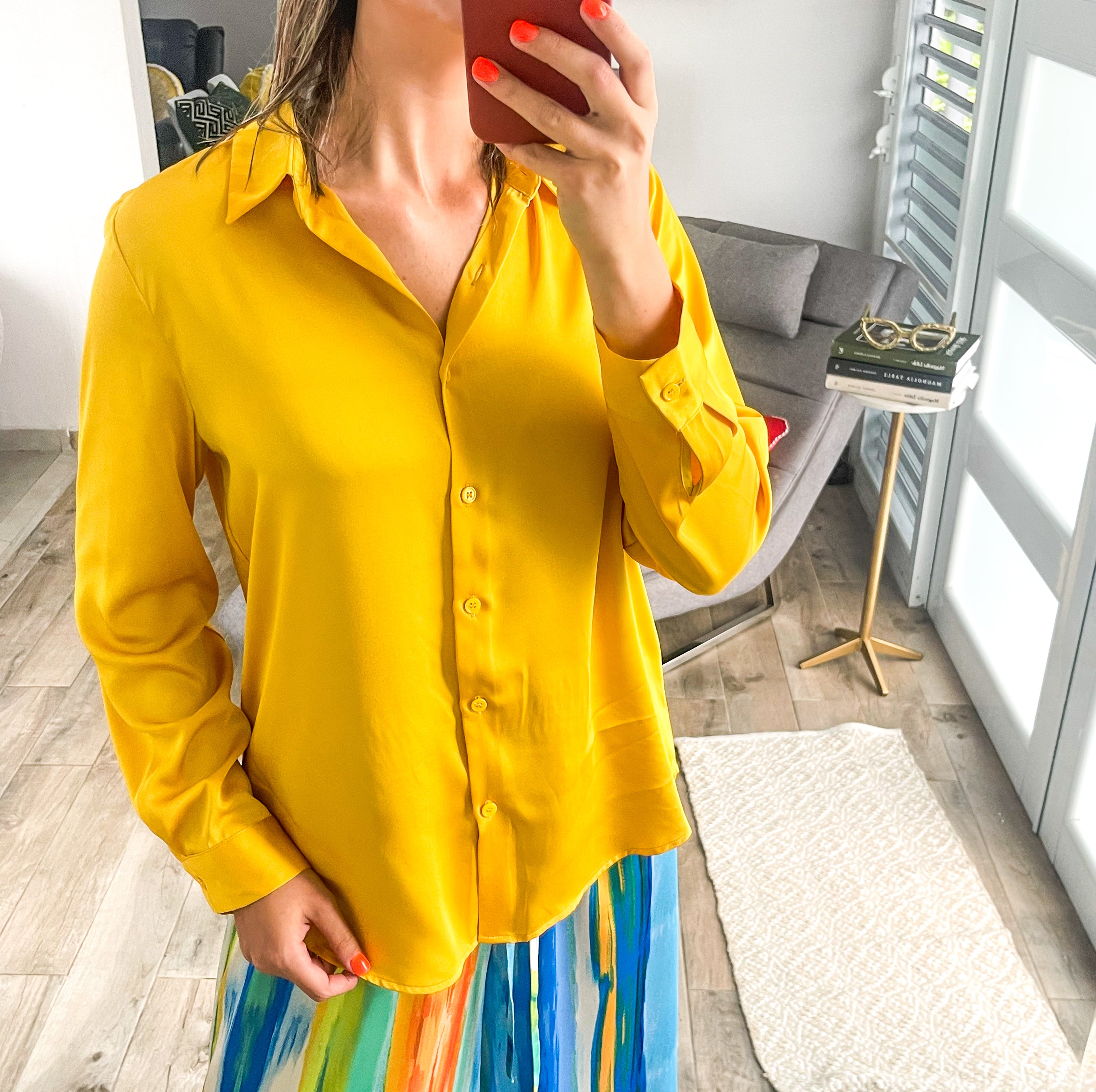 BRIGHT MUSTARD SATIN LONG SLEEVE BLOUSE