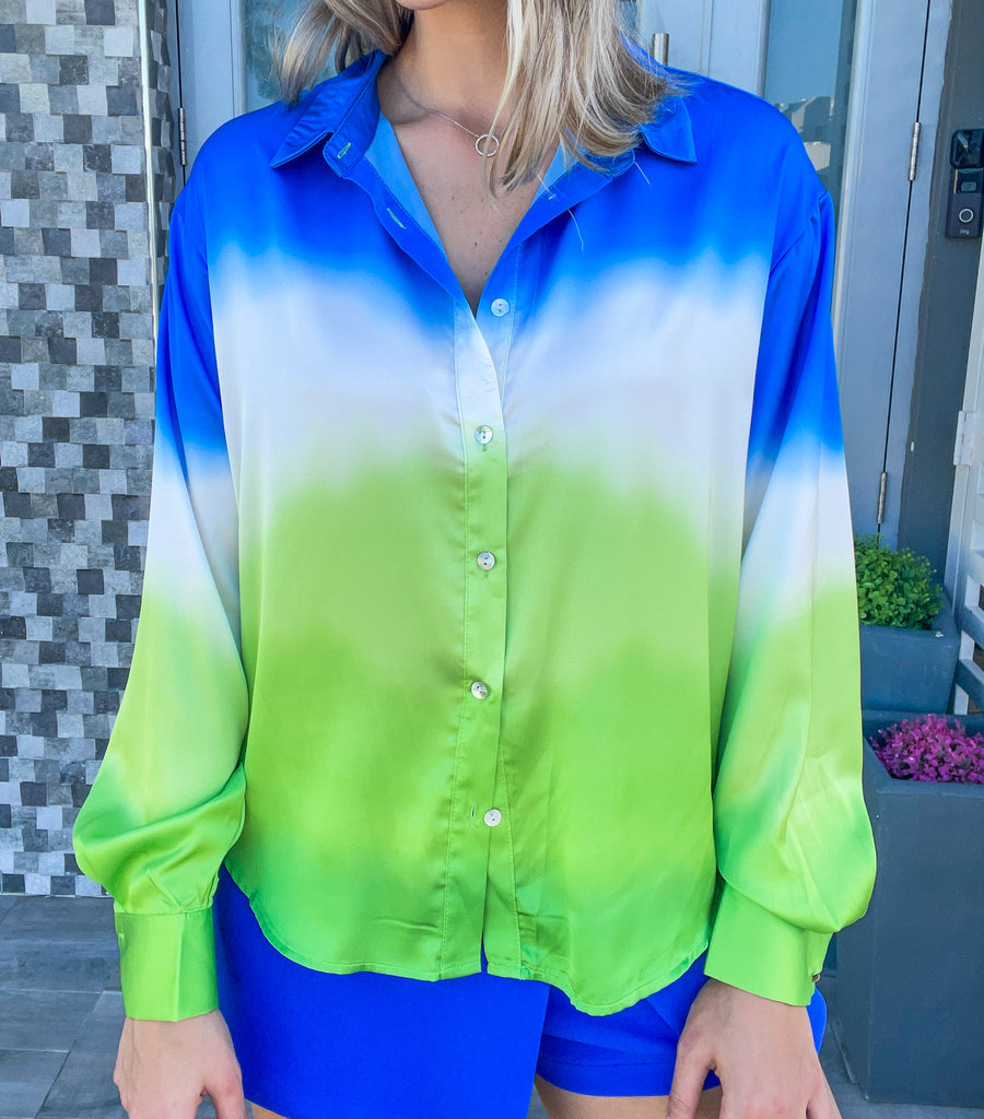 BLUE GREEN SATIN BUTTONED SHIRT